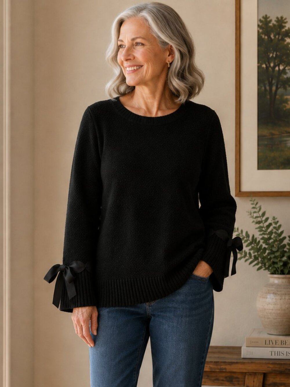 Talbots Lambswool Blend Bell Sleeve Ribbon Bow Cuff Black Knit Sweater 1X